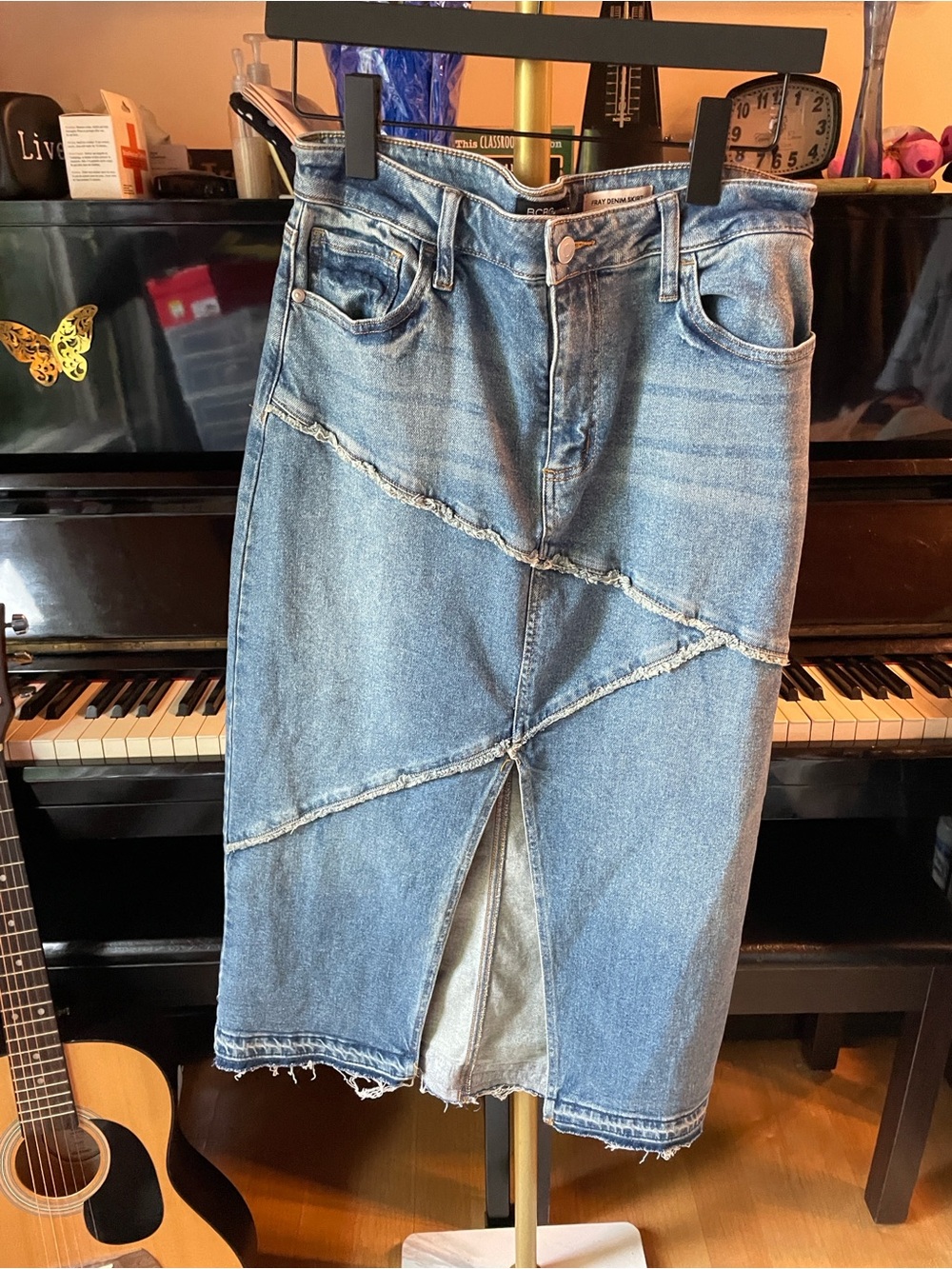 BCBGeneration Fray Denim  Midi Skirt